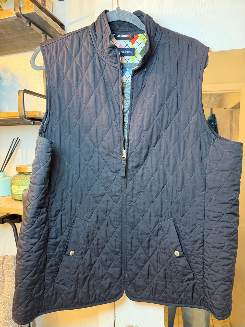 Lands' End Quilted Dark Navy Sleeveless Vest with Snap Pockets
